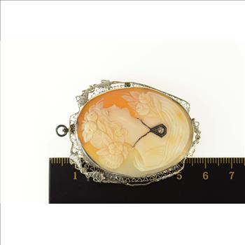 14K Victorian Diamond Necklace Carved Cameo White Gold Pin/Brooch