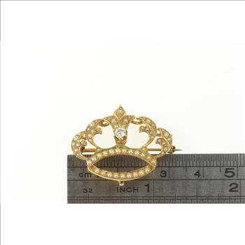 14K Victorian Diamond Seed Pearl Crown Yellow Gold Pin/Brooch