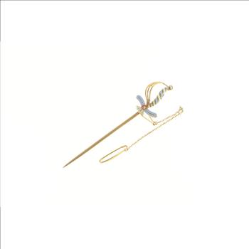 14K Victorian Enamel Ornate Sword Rapier Chain Yellow Gold Pin/Brooch