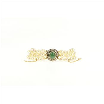 14K Victorian English Pearl Rose Cut Diamond Nephrite Yellow Gold Bracelet 7