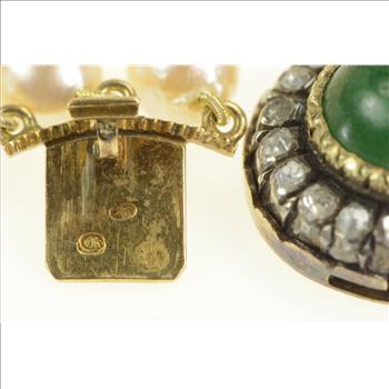 14K Victorian English Pearl Rose Cut Diamond Nephrite Yellow Gold Bracelet 7