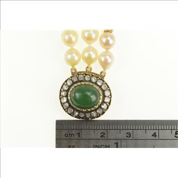 14K Victorian English Pearl Rose Cut Diamond Nephrite Yellow Gold Bracelet 7