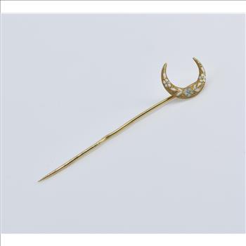 14K Victorian Floral Enamel Crescent Moon Yellow Gold Stick Pin