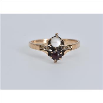 14K Victorian Garnet Moonstone Crystal Ball Yellow Gold Ring, Size 7