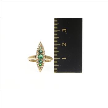 14K Victorian Marquise Emerald Seed Pearl Navette Yellow Gold Ring, Size 5.25