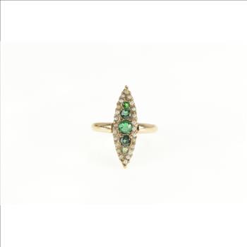 14K Victorian Marquise Emerald Seed Pearl Navette Yellow Gold Ring, Size 5.25