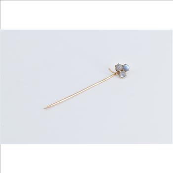 14K Victorian Moonstone Clover Shamrock Yellow Gold Stick Pin