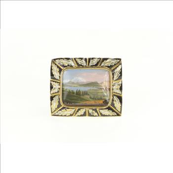 14K Victorian Mountain Valley Hand Painted Enamel Yellow Gold Pin/Brooch