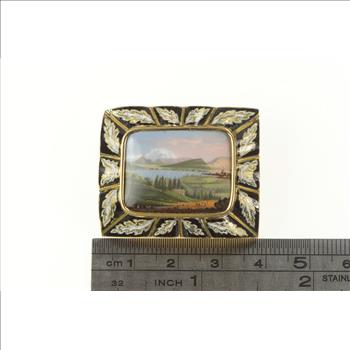14K Victorian Mountain Valley Hand Painted Enamel Yellow Gold Pin/Brooch