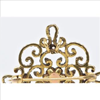 14K Victorian Opal Ornate Scroll Filigree Statement Yellow Gold Pendant/Pin