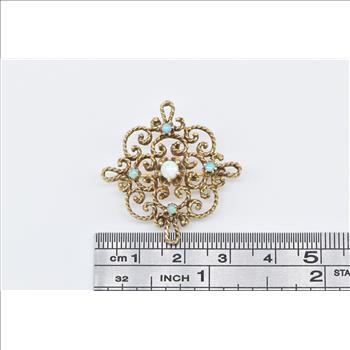 14K Victorian Opal Ornate Scroll Filigree Statement Yellow Gold Pendant/Pin