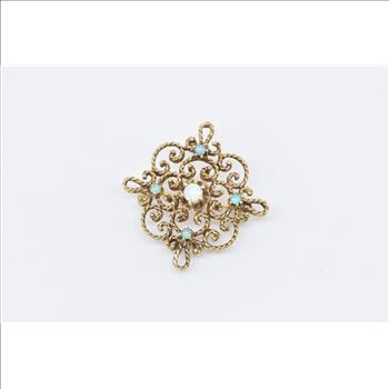 14K Victorian Opal Ornate Scroll Filigree Statement Yellow Gold Pendant/Pin