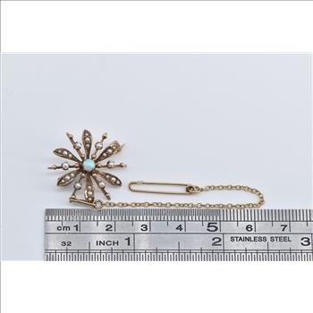14K Victorian Ornate Opal Seed Pearl Flower Chain Yellow Gold Pin/Brooch