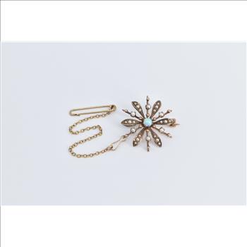 14K Victorian Ornate Opal Seed Pearl Flower Chain Yellow Gold Pin/Brooch