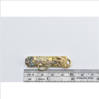 14K Victorian Ornate Tiger Turquoise Floral Branch Yellow Gold Pin/Brooch