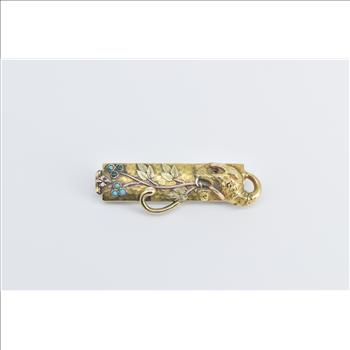 14K Victorian Ornate Tiger Turquoise Floral Branch Yellow Gold Pin/Brooch