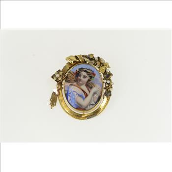 14K Victorian Painted Lady of the Harvest Yellow Gold Pin/Brooch