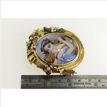 14K Victorian Painted Lady of the Harvest Yellow Gold Pin/Brooch