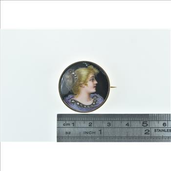 14K Victorian Painted Lady Portrait Rose Diamond Yellow Gold Pin/Brooch