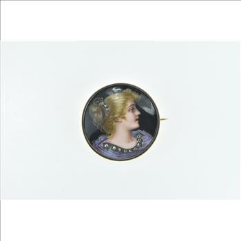 14K Victorian Painted Lady Portrait Rose Diamond Yellow Gold Pin/Brooch
