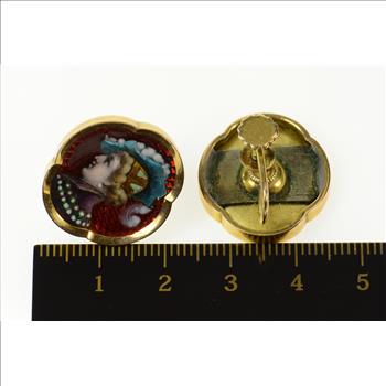 14K Victorian Painted Portrait Statement Screw Back Yellow Gold Earrings