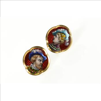 14K Victorian Painted Portrait Statement Screw Back Yellow Gold Earrings