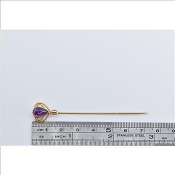 14K Victorian Pear Amethyst Ornate Swirl Twist Yellow Gold Stick Pin