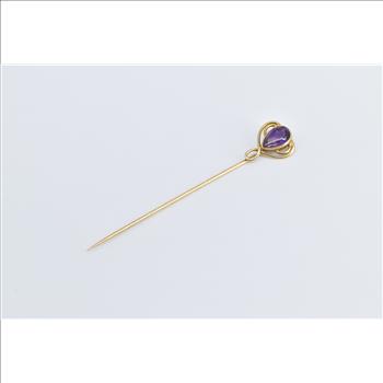14K Victorian Pear Amethyst Ornate Swirl Twist Yellow Gold Stick Pin