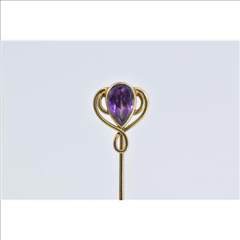 14K Victorian Pear Amethyst Ornate Swirl Twist Yellow Gold Stick Pin