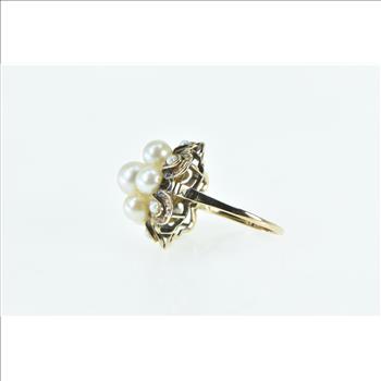 14K Victorian Pearl Enamel Vintage Cocktail Yellow Gold Ring, Size 9.75