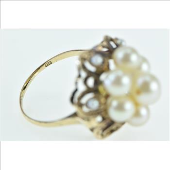 14K Victorian Pearl Enamel Vintage Cocktail Yellow Gold Ring, Size 9.75