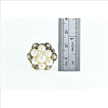 14K Victorian Pearl Enamel Vintage Cocktail Yellow Gold Ring, Size 9.75