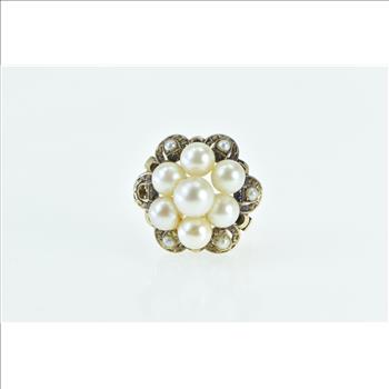 14K Victorian Pearl Enamel Vintage Cocktail Yellow Gold Ring, Size 9.75