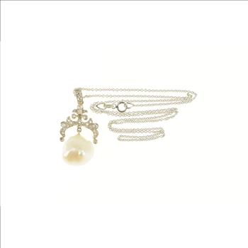 14K Victorian Pearl Ornate Diamond Statement White Gold Necklace 16