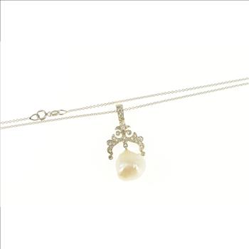 14K Victorian Pearl Ornate Diamond Statement White Gold Necklace 16