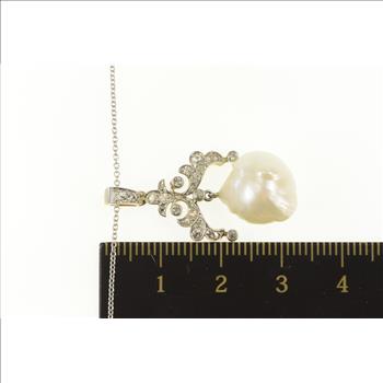 14K Victorian Pearl Ornate Diamond Statement White Gold Necklace 16