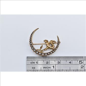 14K Victorian Rose Cut Diamond Moon Seed Pearl Yellow Gold Pin/Brooch