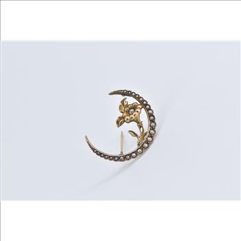 14K Victorian Rose Cut Diamond Moon Seed Pearl Yellow Gold Pin/Brooch