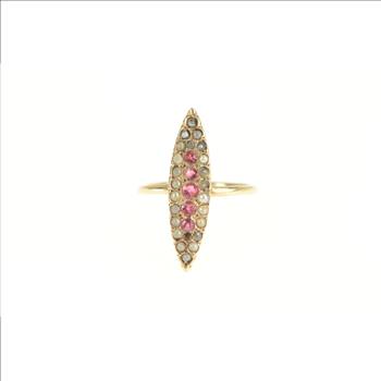 14K Victorian Ruby Seed Pearl Navette Yellow Gold Ring, Size 3.5