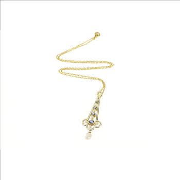 14K Victorian Sapphire Pearl Enamel Drop Yellow Gold Necklace 16.5