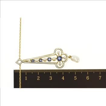14K Victorian Sapphire Pearl Enamel Drop Yellow Gold Necklace 16.5