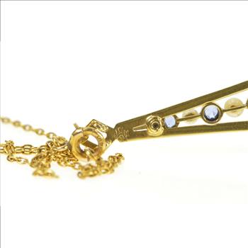 14K Victorian Sapphire Pearl Enamel Drop Yellow Gold Necklace 16.5