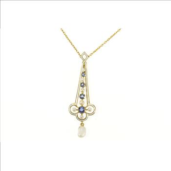 14K Victorian Sapphire Pearl Enamel Drop Yellow Gold Necklace 16.5