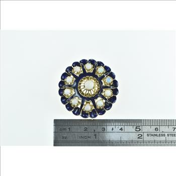 14K Victorian Scalloped Blue Enamel Opal Ornate Yellow Gold Pendant/Pin