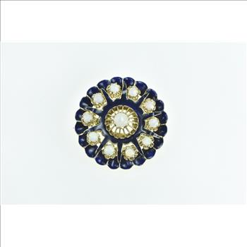 14K Victorian Scalloped Blue Enamel Opal Ornate Yellow Gold Pendant/Pin