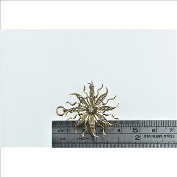 14K Victorian Seed Pearl Diamond Flower Sun Yellow Gold Pendant/Pin