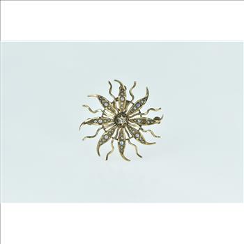 14K Victorian Seed Pearl Diamond Flower Sun Yellow Gold Pendant/Pin