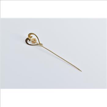 14K Victorian Seed Pearl Diamond Heart Ornate Yellow Gold Stick Pin