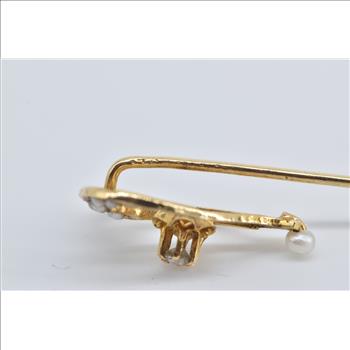 14K Victorian Seed Pearl Diamond Heart Ornate Yellow Gold Stick Pin