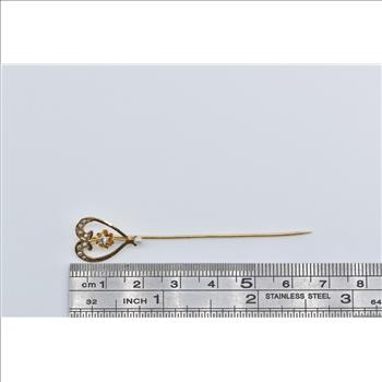 14K Victorian Seed Pearl Diamond Heart Ornate Yellow Gold Stick Pin